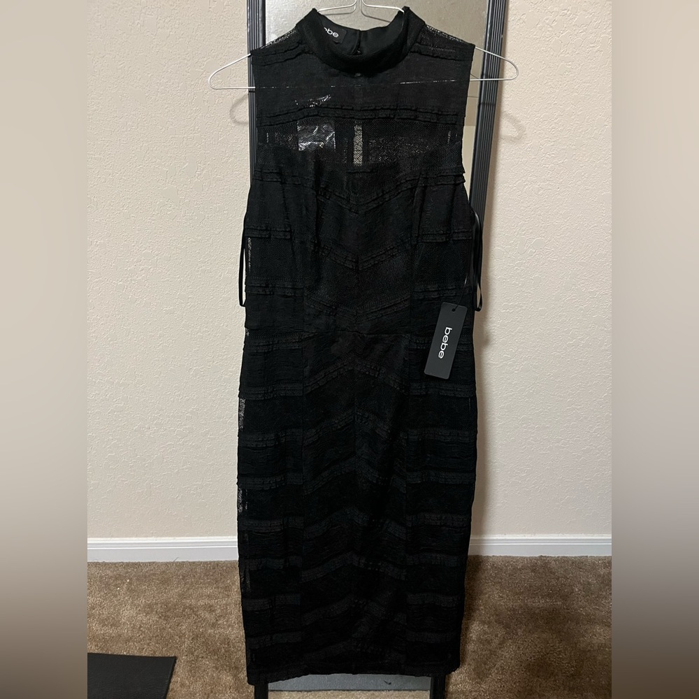 NWT Bebe Sheer Black Lace Midi Dress Women’s Small